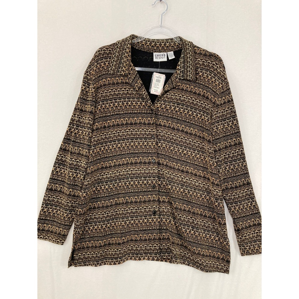 NWT Vintage Chico's Stretch Knit Jacket Size 3/XL Brown Glitz Metallic Button